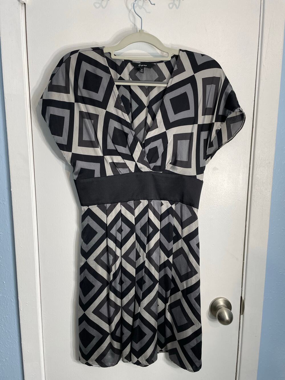 Y2K Express Silk Dress Small Grey Black Geometric Whimsygoth Club 90s